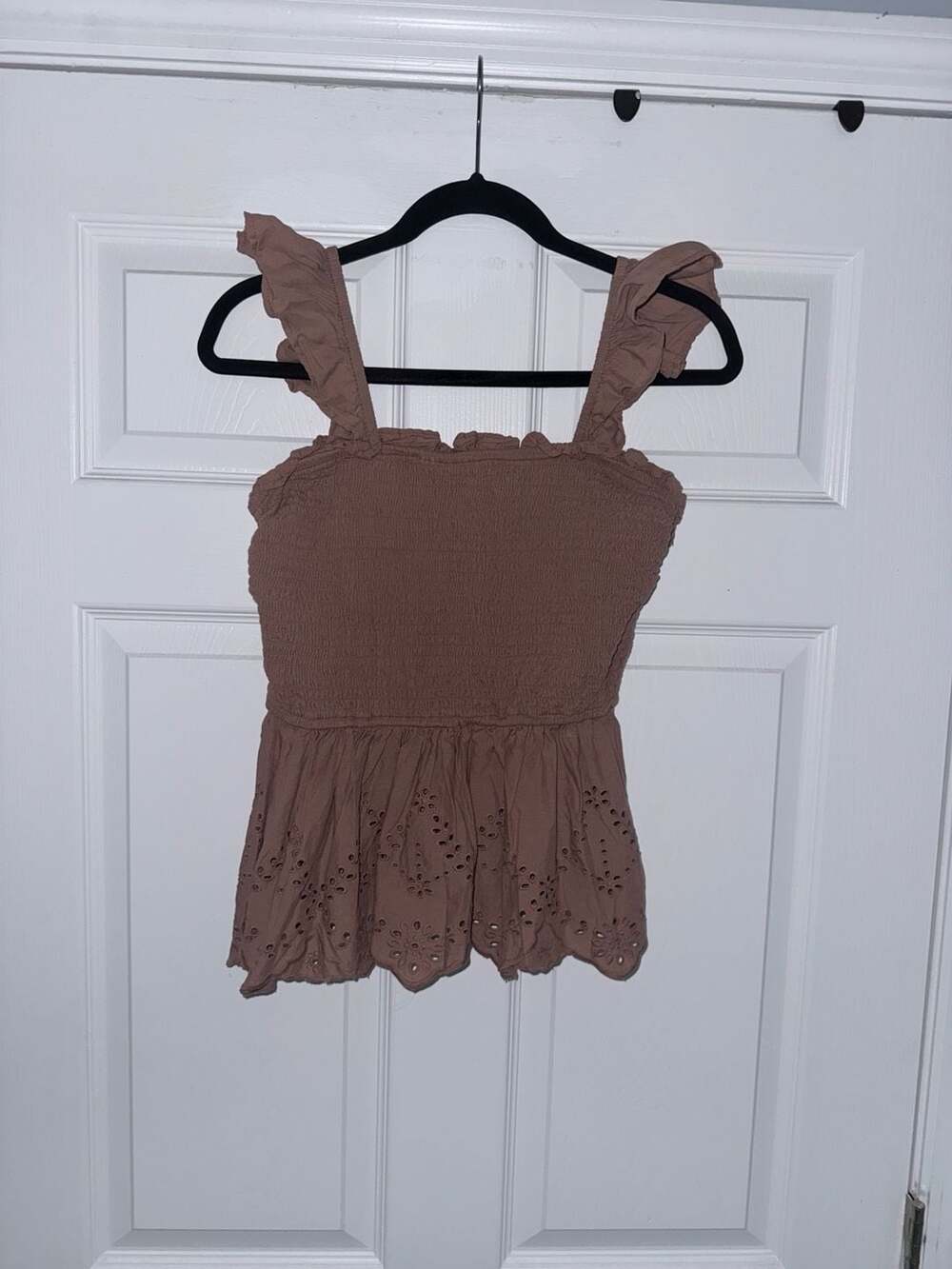 Japna Brown Sleeveless Smocked Eyelet Peplum Top